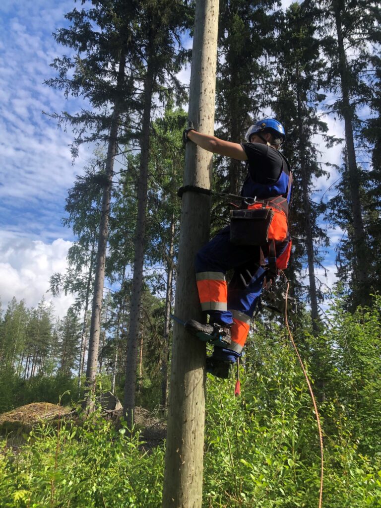Koillis-Satakunnan Sähkön verkon huollon ja kunnossapidon ammattilainen kiipeää sähkötolppaan
