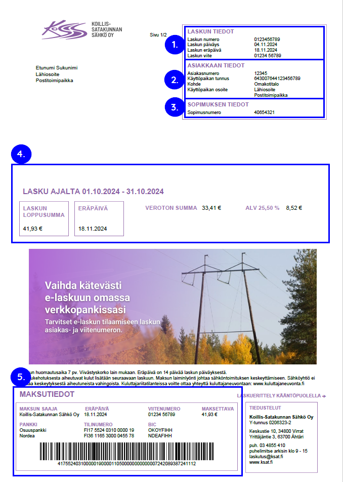 sähkölaskun lukuohje sivu 1